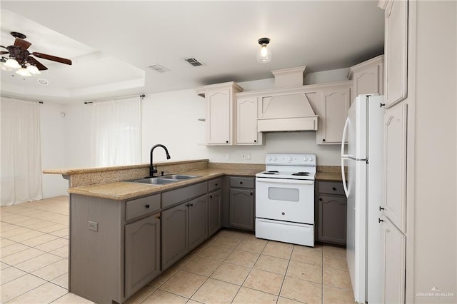 kitchen with sink, white appliances, gray cabinetry, white cabinetry, and kitchen peninsula