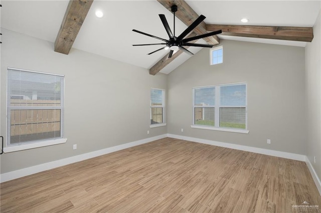 empty room with beam ceiling, ceiling fan, high vaulted ceiling, light wood-type flooring, and baseboards