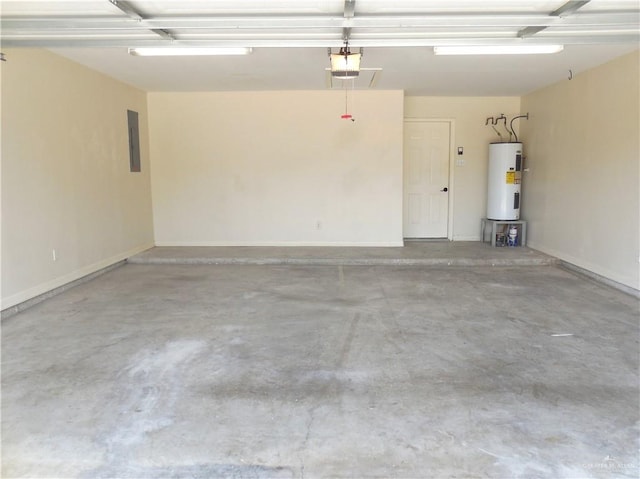 garage with electric panel, water heater, and a garage door opener