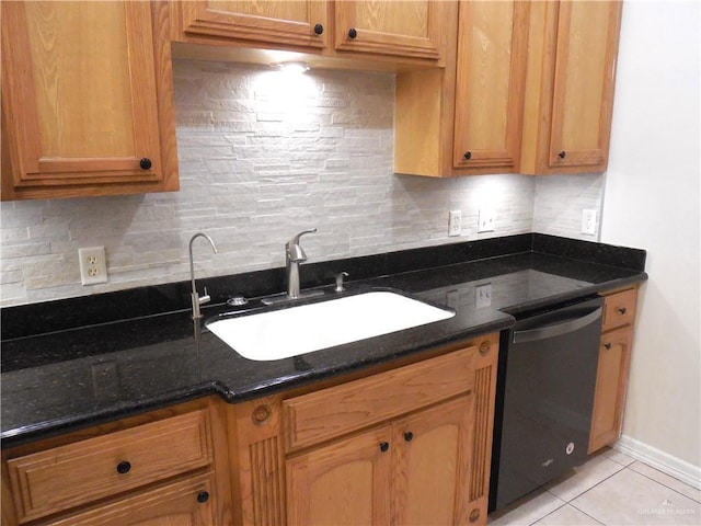 3519 Aspen Dr, Edinburg, TX 78542 - kitchen featuring dishwasher, light tile patterned floors, backsplash, and dark stone countertops