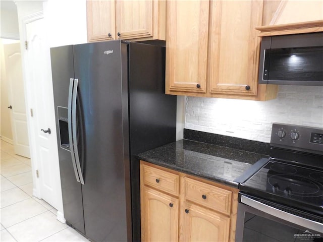 3519 Aspen Dr, Edinburg, TX 78542 - kitchen with refrigerator with ice dispenser, black electric range, light tile patterned flooring, tasteful backsplash, and dark stone counters