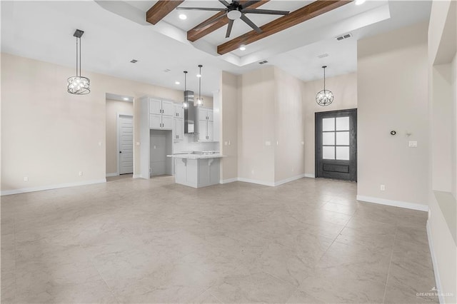 5308 N 42nd St, Mcallen, TX 78504 - unfurnished living room featuring baseboards, recessed lighting, visible vents, beam ceiling, and ceiling fan with notable chandelier
