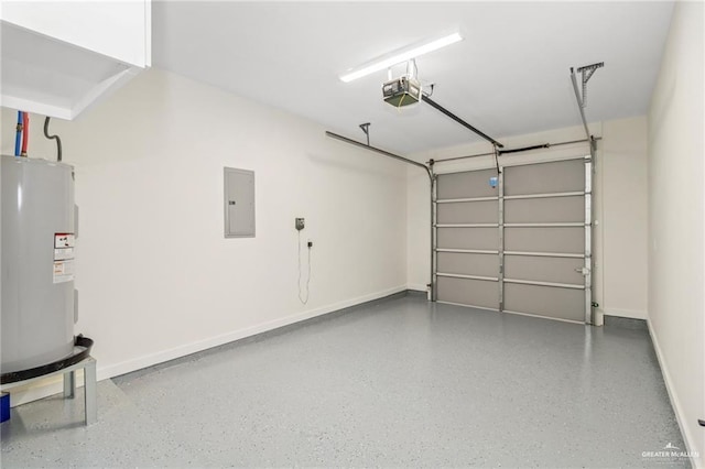 garage featuring a garage door opener, electric panel, and electric water heater