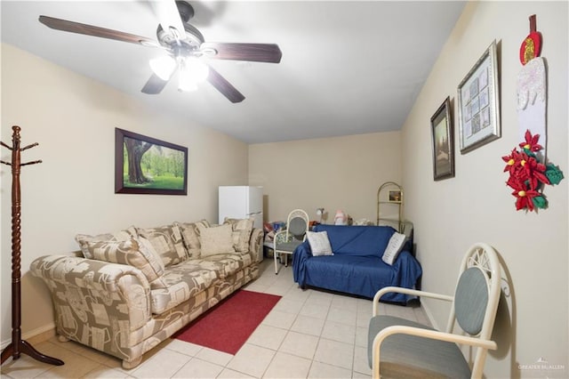 living room with light tile patterned floors and ceiling fan