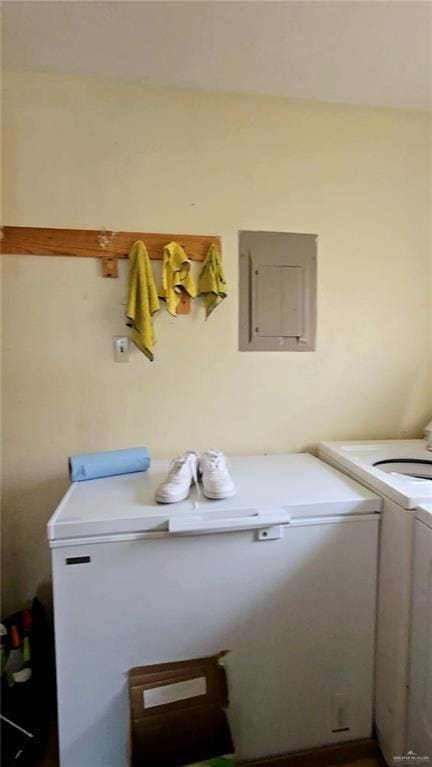 washroom with electric panel and washer and dryer