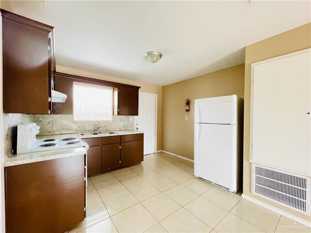 1411 Oak St, Weslaco, TX 78596 - kitchen with a sink, visible vents, white appliances, light countertops, and under cabinet range hood