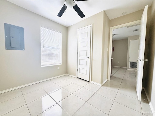 1411 Oak St, Weslaco, TX 78596 - unfurnished bedroom featuring electric panel, light tile patterned floors, ceiling fan, baseboards, and visible vents