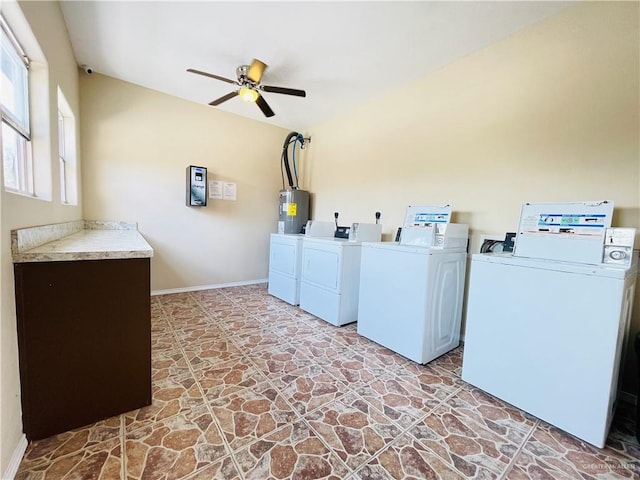 1411 Oak St, Weslaco, TX 78596 - common laundry area featuring ceiling fan, electric water heater, and independent washer and dryer