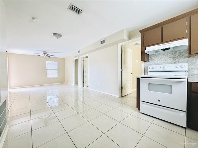 1411 Oak St, Weslaco, TX 78596 - kitchen featuring ceiling fan, electric stove, under cabinet range hood, and visible vents
