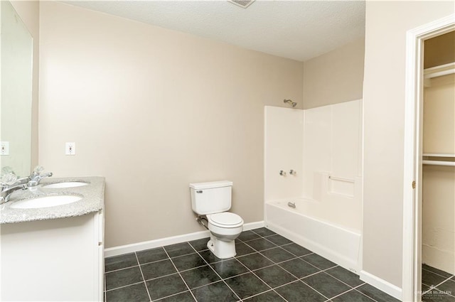 full bathroom with vanity, toilet, tub / shower combination, and tile patterned flooring