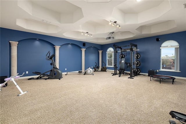 806 Beryl Cir, Weslaco, TX 78596 - workout area with coffered ceiling, baseboards, carpet floors, and decorative columns