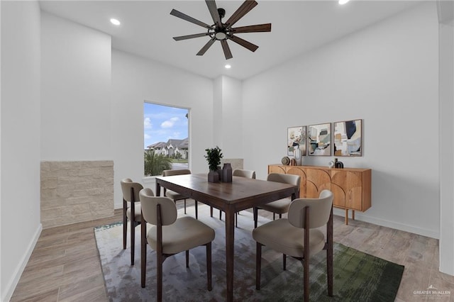 4720 Waterford Ave, Edinburg, TX 78539 - dining space featuring light wood finished floors, ceiling fan, baseboards, and recessed lighting