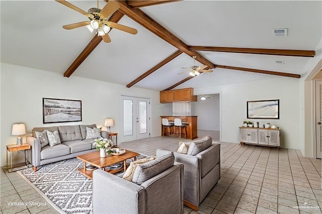 living area featuring visible vents, ceiling fan, and lofted ceiling with beams