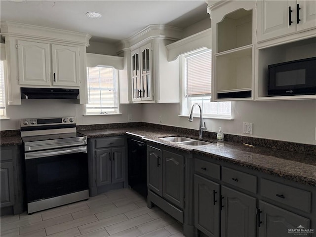 kitchen with white cabinetry, a healthy amount of sunlight, stainless steel electric range, and black dishwasher