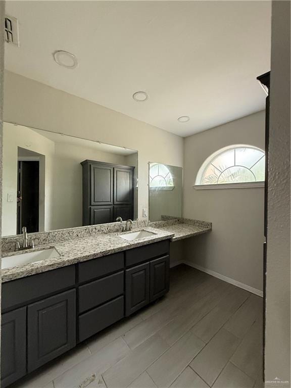 bathroom featuring vanity and wood-type flooring