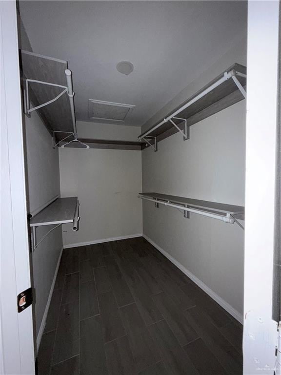 spacious closet with dark wood-type flooring