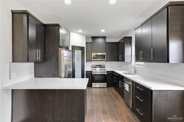kitchen with a peninsula, wood finish floors, appliances with stainless steel finishes, a sink, and backsplash