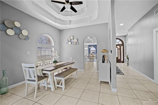 317 Ohara Dr, Pharr, TX 78577 - dining space with ceiling fan, light tile patterned floors, recessed lighting, baseboards, and a towering ceiling