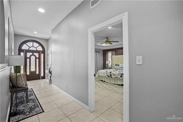 317 Ohara Dr, Pharr, TX 78577 - entryway featuring light tile patterned flooring, a ceiling fan, baseboards, and recessed lighting