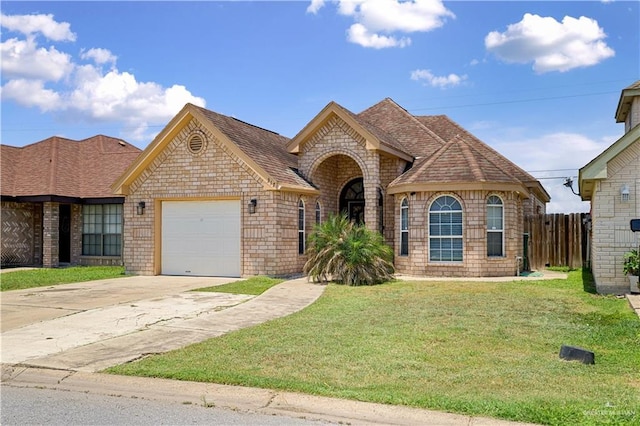 317 Ohara Dr, Pharr, TX 78577 - french country style house featuring a garage, concrete driveway, brick siding, and roof with shingles