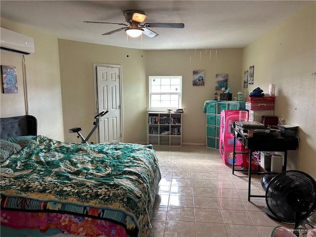 8601 Las Palmas Dr, Pharr, TX 78577 - bedroom with a wall mounted air conditioner, tile patterned flooring, and a ceiling fan