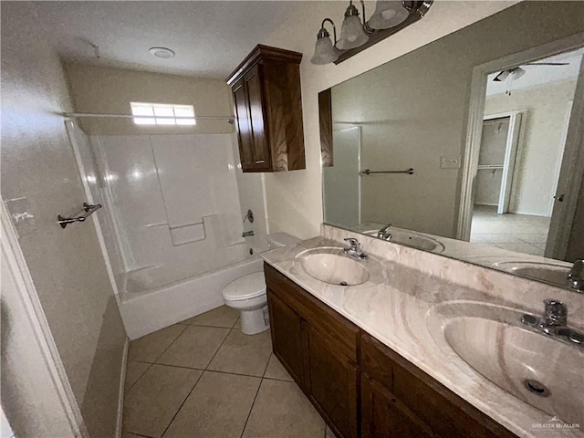 full bathroom with toilet, tile patterned floors, vanity, and bathing tub / shower combination