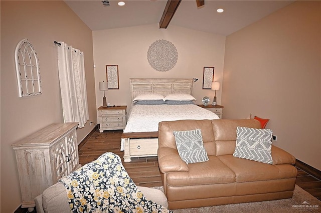 bedroom featuring dark hardwood / wood-style flooring and vaulted ceiling with beams