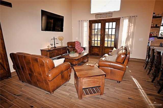 living room with hardwood / wood-style floors and french doors