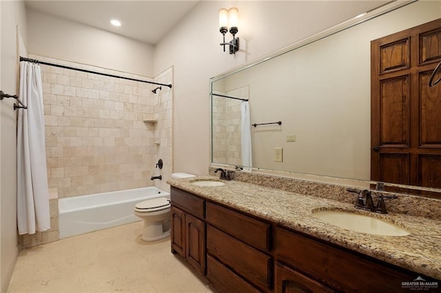 full bathroom featuring toilet, tile patterned floors, vanity, and shower / bathtub combination with curtain