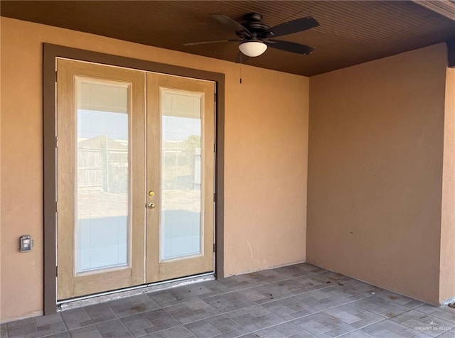 interior space featuring french doors, a patio, and ceiling fan