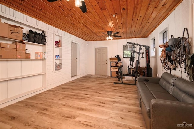 workout area with ceiling fan, wood ceiling, and light wood-type flooring