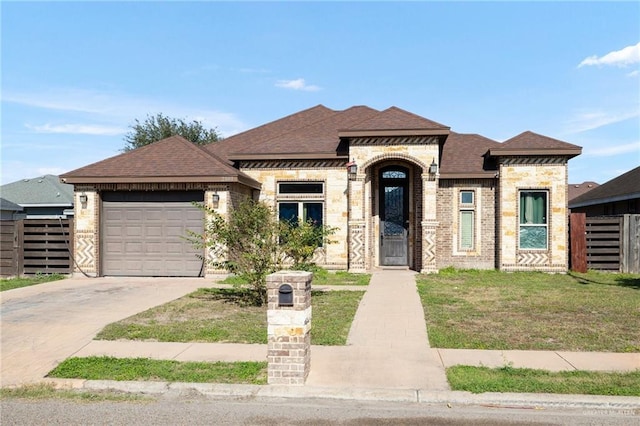 view of front of property with a garage and a front lawn