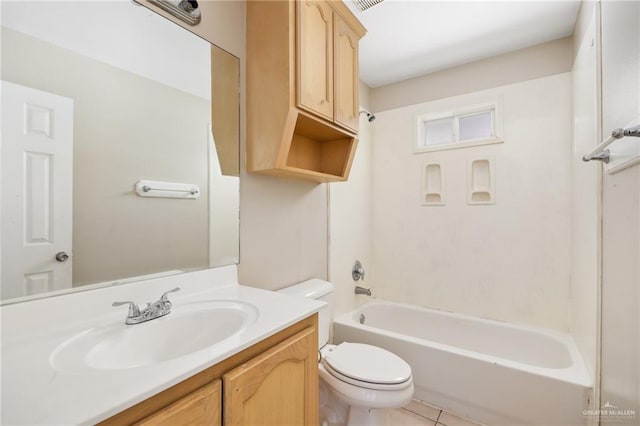 full bathroom with tile patterned flooring, vanity, toilet, and  shower combination