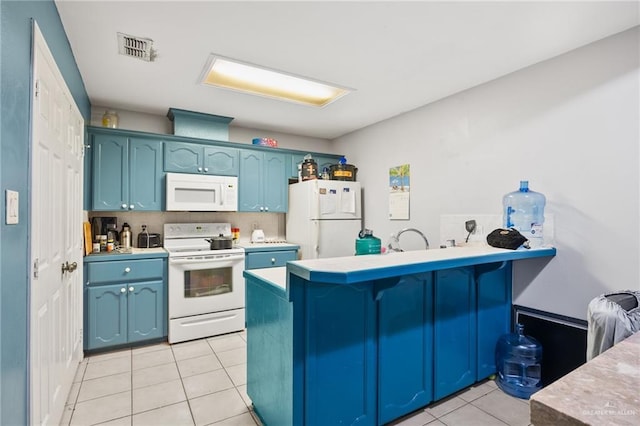 kitchen with kitchen peninsula, white appliances, blue cabinets, light tile patterned floors, and a breakfast bar area