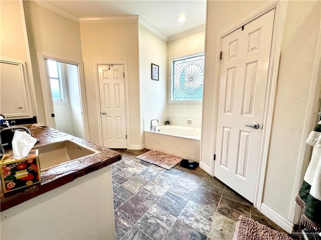 bathroom with baseboards, a wealth of natural light, ornamental molding, and a garden tub