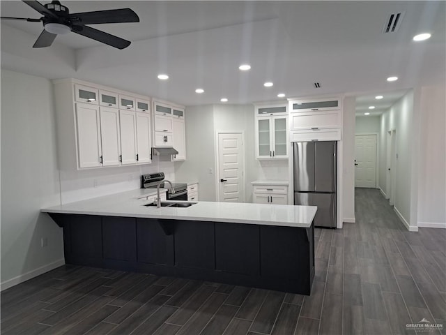 708 E 3rd Ave, Elsa, TX 78543 - kitchen with appliances with stainless steel finishes, a peninsula, dark wood-type flooring, recessed lighting, and baseboards