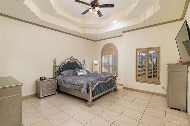 bedroom featuring ceiling fan, crown molding, and light tile patterned flooring