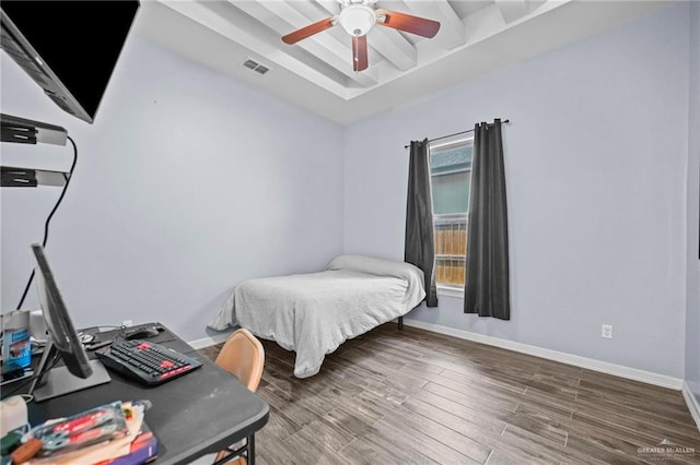 bedroom featuring wood-type flooring and ceiling fan