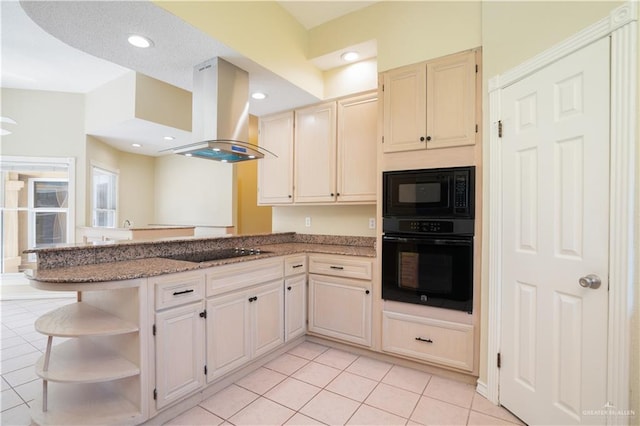 kitchen with kitchen peninsula, light tile patterned floors, black appliances, and island range hood