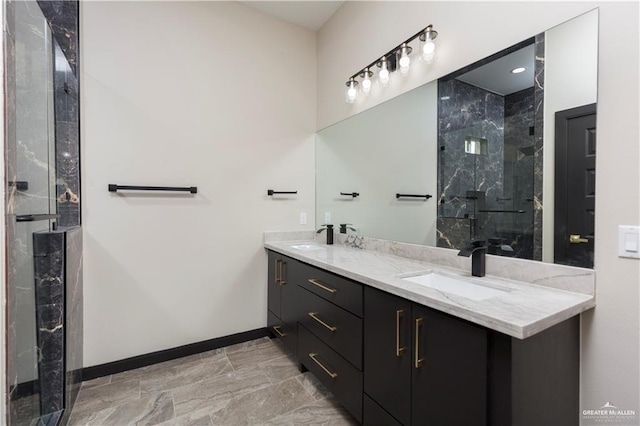 1209 Rhett Dr, Pharr, TX 78577 - bathroom featuring baseboards, double vanity, and a marble finish shower