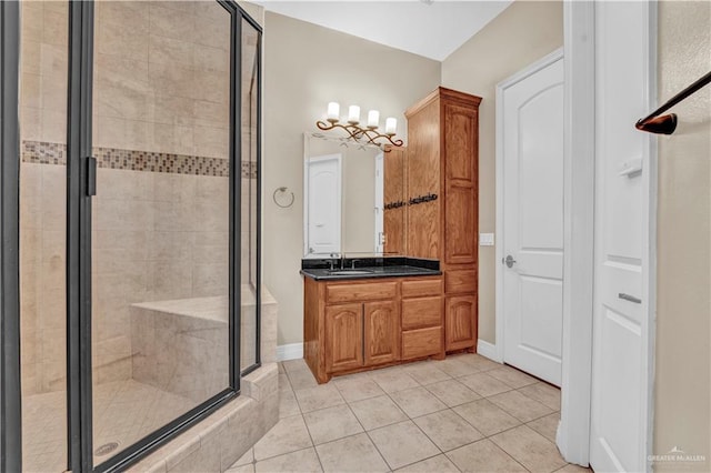 full bath with tile patterned flooring, baseboards, a shower stall, and vanity