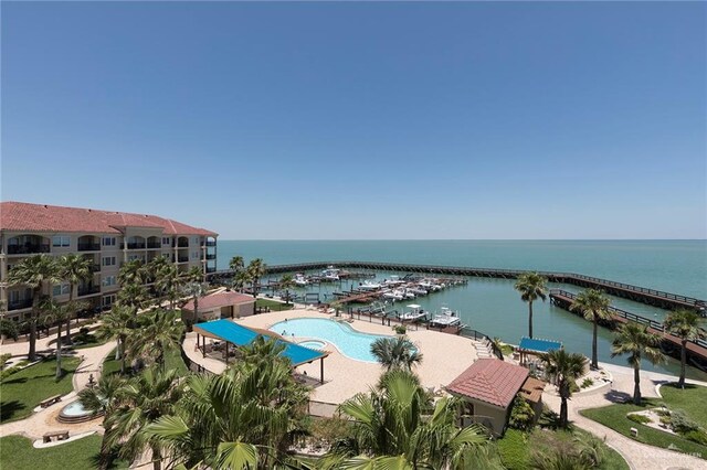 310 E Houston St Unit 1403, Port Isabel, TX 78578 - bird's eye view of a nearby body of water and a pool area