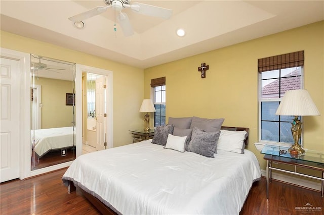 3305 W San Luis Cir, Mission, TX 78573 - bedroom with wood finished floors, ceiling fan, recessed lighting, and ensuite bath