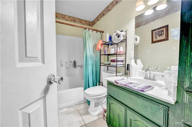 bathroom with toilet, shower / bath combination with curtain, vanity, and tile patterned floors