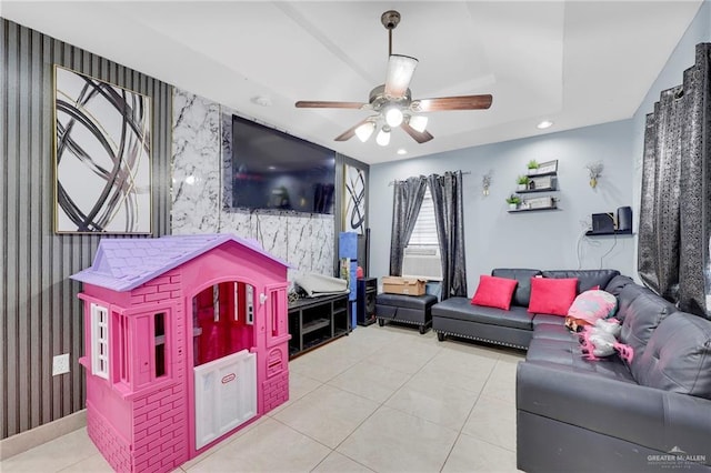 524 E Fannin Ave, Alamo, TX 78516 - living area with wallpapered walls, tile patterned floors, ceiling fan, recessed lighting, and an accent wall