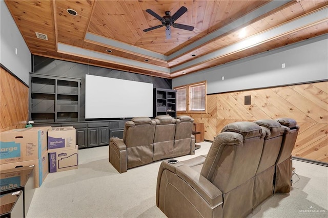 1900 E 2 Mile Line Rd, Mission, TX 78574 - home theater with wooden ceiling, carpet, wood walls, and a raised ceiling