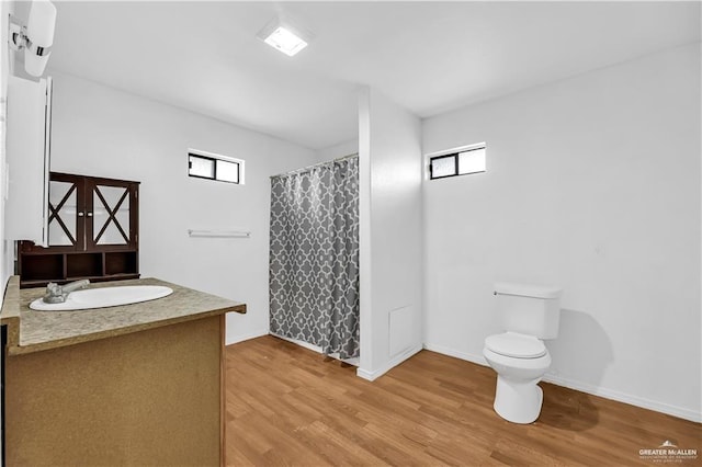 bathroom featuring wood-type flooring, vanity, toilet, and curtained shower