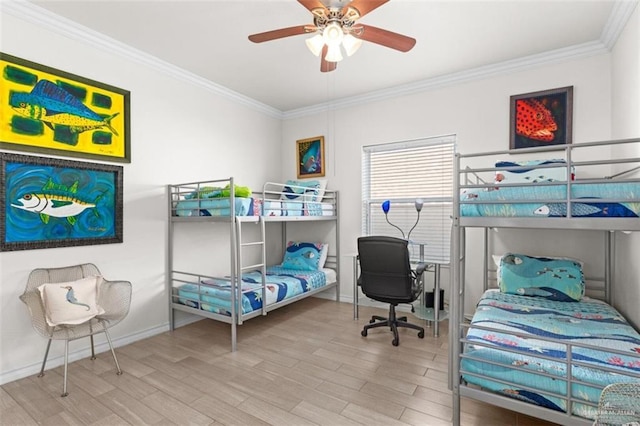 102 E Gardenia St, South Padre Island, TX 78597 - bedroom with ceiling fan, baseboards, ornamental molding, and wood finished floors