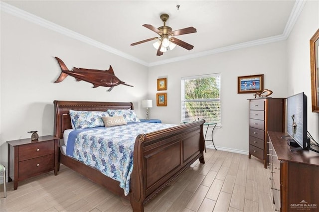 102 E Gardenia St, South Padre Island, TX 78597 - bedroom with a ceiling fan, baseboards, ornamental molding, and light wood-type flooring