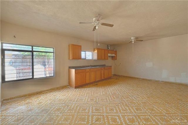 kitchen with ceiling fan, a textured ceiling, and sink